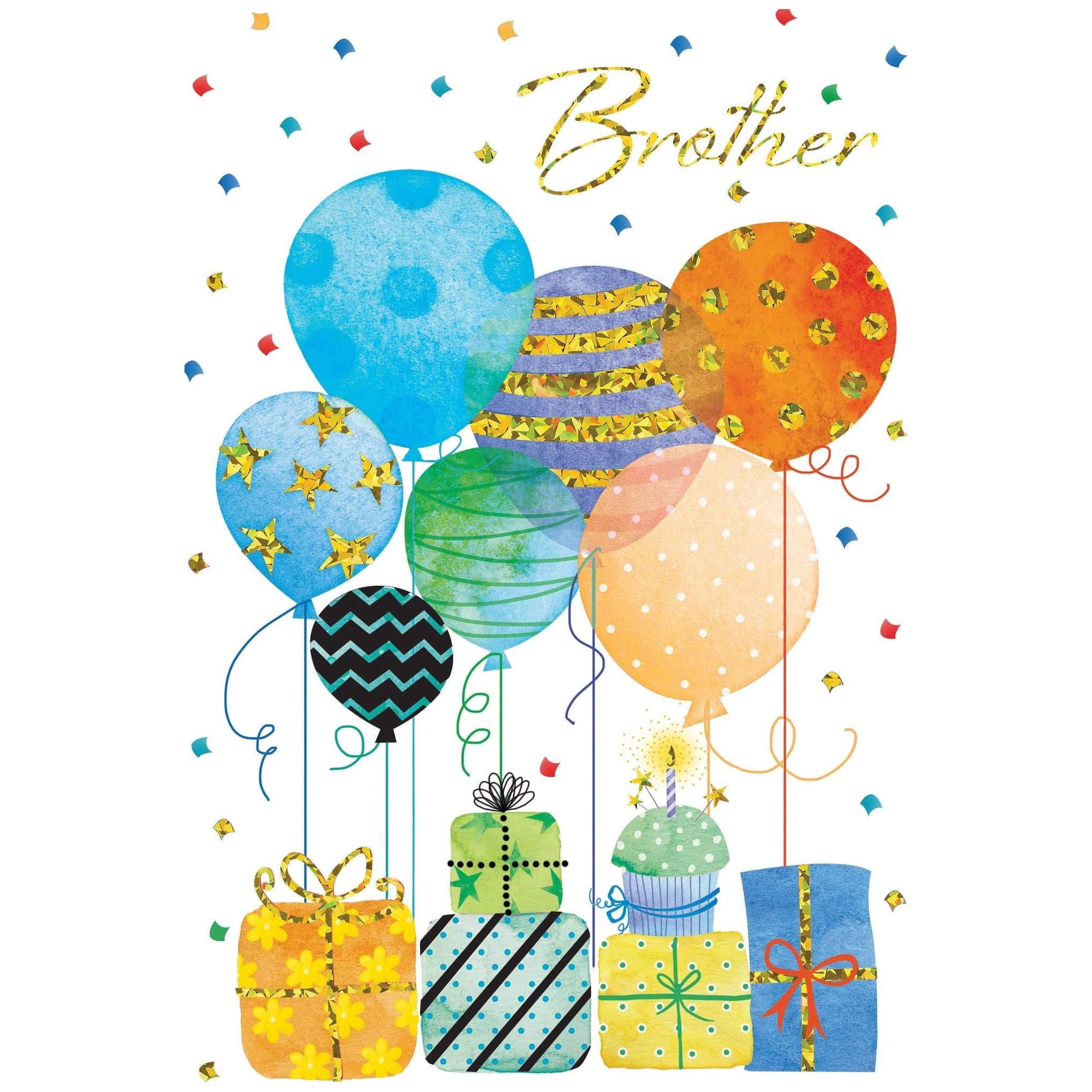 Pictura birthday card featuring colorful balloons and gifts design for brother, ideal for celebrating special occasions.